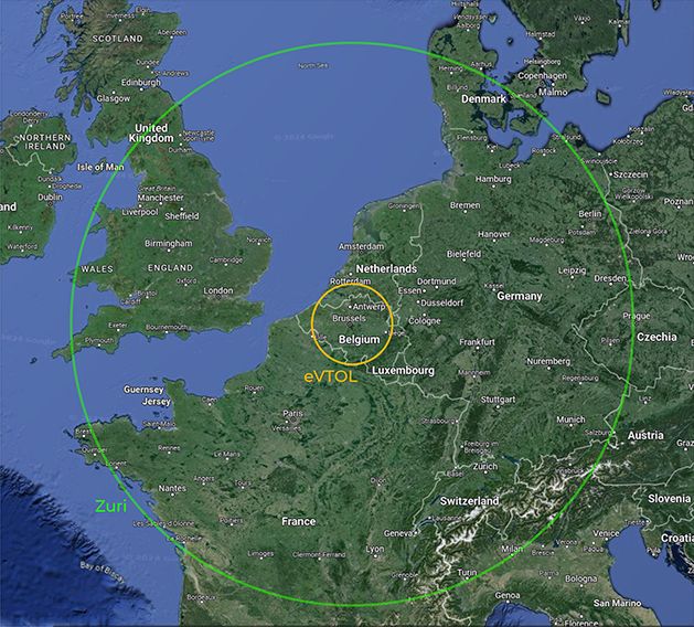 Map showing the extended 700+ km range of Zuri Hybrid VTOL compared to eVTOL range in the Brussels region, covering parts of France, Germany, the Netherlands, and the UK.