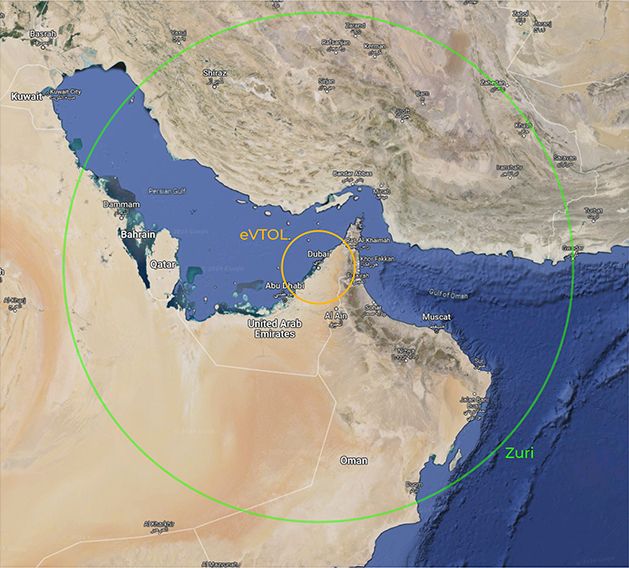 Map comparing eVTOL range and Zuri Hybrid VTOL range in the Gulf region, centered on Dubai and Abu Dhabi, with Zuri's 700+ km range reaching across multiple countries including Oman, Qatar, and Iran.
