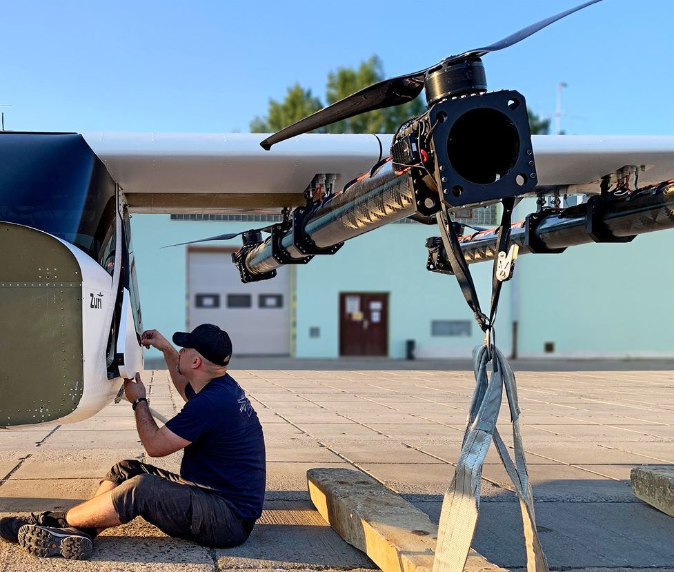 Zuri engineer performing ground tests on large-scale Hybrid VTOL technology demonstrator with 11-meter wingspan, December 2020