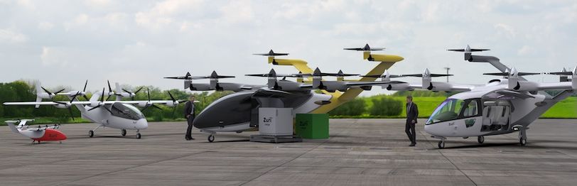 Zuri Hybrid VTOL aircraft lineup featuring passenger, cargo, and defence variants on the tarmac, representing the company’s scalable hybrid-electric air mobility platform.
