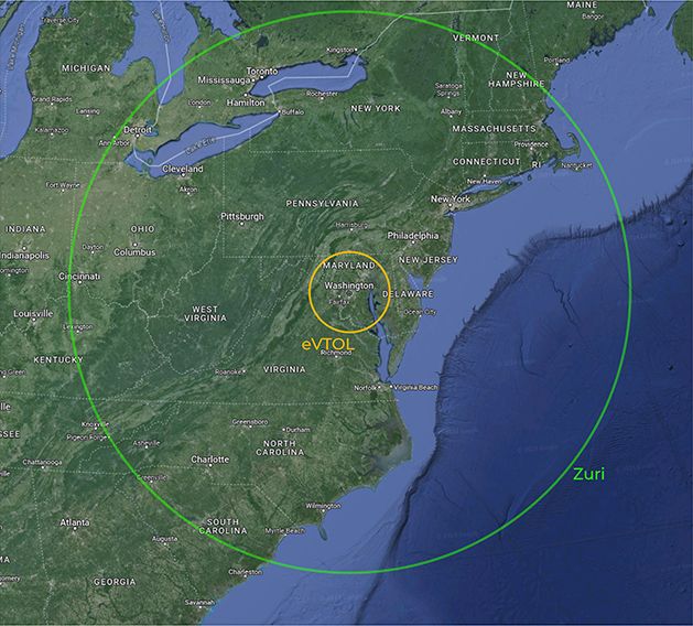 Map showing Zuri Hybrid VTOL’s extended range from the Washington D.C. area compared to eVTOL range, with Zuri’s 700+ km radius reaching as far as the Great Lakes, New England, and southeastern U.S. states.