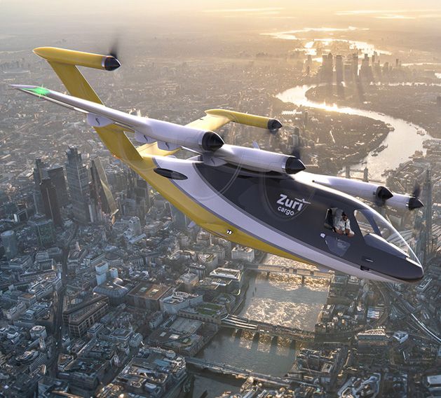 Hybrid VTOL Zuri aircraft flying above the London skyline for fast on-demand cargo transport.