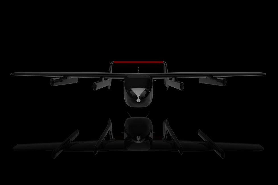 Front view render of Zuri Hybrid VTOL experimental unmanned aerial vehicle designed for hover mode testing, later convertible to a single-seater aircraft