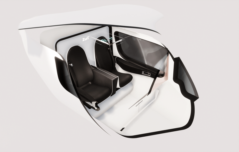 Zuri executive VTOL aircraft interior concept with two premium passenger seats and panoramic cockpit view