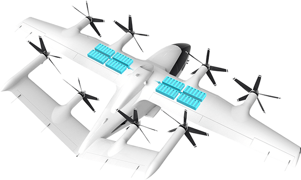 Image showing the integrated battery packs of a Hybrid VTOL aircraft, featuring lightweight lithium cells, fireproof insulation, and an intelligent battery management system for safety and efficiency.
