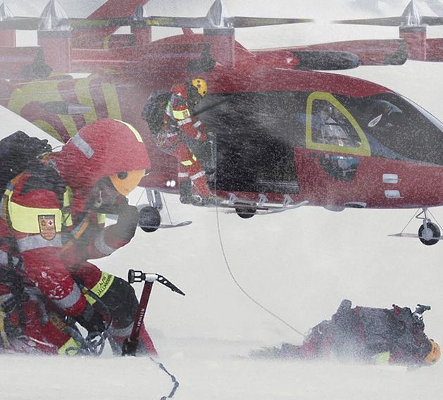 Zuri hybrid VTOL deployed in snowy conditions for a medevac rescue, with responders assisting an injured person.