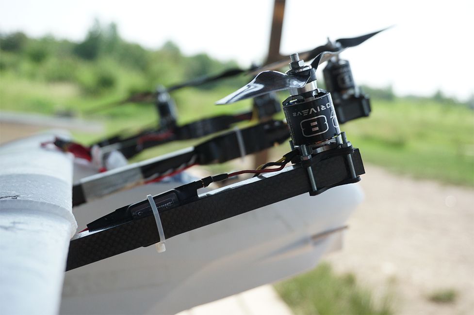 Close-up of Zuri’s first small-scale VTOL model from 2018, built with hobby-grade components to test basic flight characteristics using a two-meter wingspan.