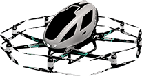 Multicopter aircraft designed for short-range urban air mobility, hovering in place with multiple rotors.
