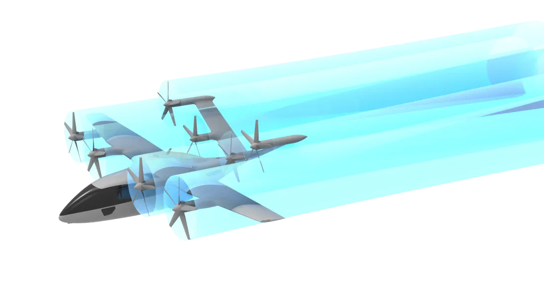 Diagram showing forward flight mode of a hybrid VTOL aircraft with thrust vectors representing horizontal propulsion, highlighting aerodynamic efficiency during cruise.