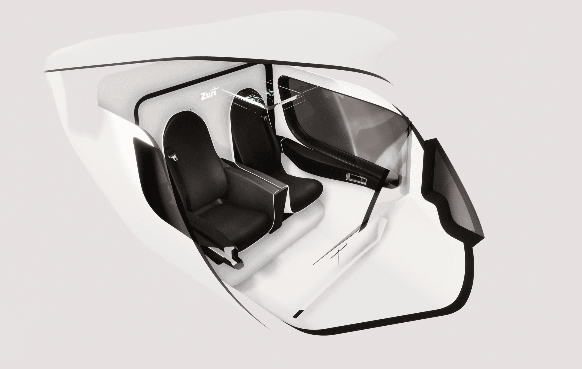Zuri executive VTOL aircraft interior concept with two premium passenger seats and panoramic cockpit view